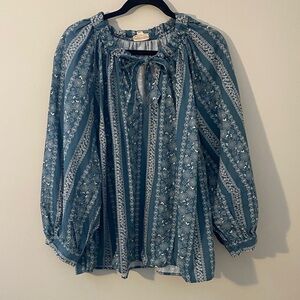 a.n.a 100% Cotton Blue Patterned Peasant Blouse with Tie Neck